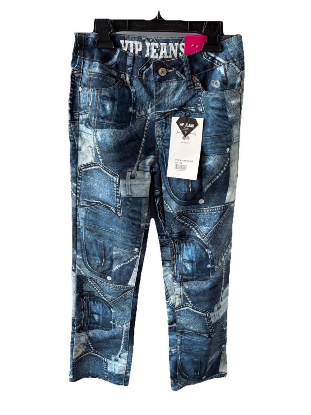 VIP Jeans Girls Pocket Print Patchwork Denim Stretch Pants - Size 14